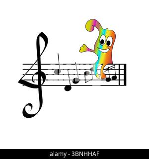 Komposition von Musiknoten. Glückliche Clown-Figur. Symbol für den Höhenschlüssel. Illustration von Vektormusik. Stock Vektor