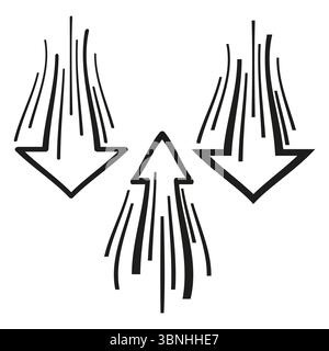 Gegenüberliegendes Pfeiltrio. Nach oben nach unten stellen. Bewegungsvektor erzwingen. Starke Flussgrafik. Stock Vektor