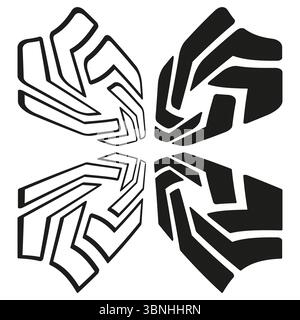 Zwei abstrakte Formen. Monochrom-Symbole. Geometrische Verwirbelungssymbole. Vektorentwurzelemente. Stock Vektor