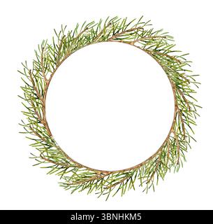 Aquarellabbildung eines runden Rahmens aus grünen Kiefernzweigen. Handgemaltes botanisches Element isoliert auf weiß. Geeignet für Weihnachtskarten, Etikett Stockfoto