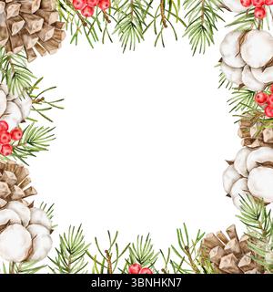 Quadratischer Rahmen in Aquarellfarben mit Baumwollblumen, Tannenzapfen, roten Beeren und Tannenzweigen. Handgemalter botanischer Rand isoliert auf weiß für c Stockfoto