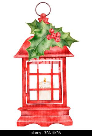 Handgemalte rote Weihnachtslaterne mit beleuchteter Kerze und grünem stechpalmenzweig. Isoliert auf weiß. Aquarellabbildung für Grußkarten, Verpackung, f Stockfoto