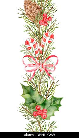 Vertikale Weihnachtsgrenze mit Tannenzweigen, Zuckerstangen, stechpalmenblättern, Beeren, Kegeln und roter Schleife. Handgemaltes festliches Design für Karten Stockfoto