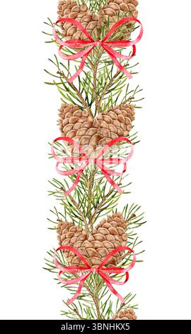 Vertikale Weihnachtsgrenze in Aquarellfarben mit Tannenzapfen in Herzform, roten Bögen und immergrünen Zweigen. Handgemalte Illustration für Karten, Verpackung Stockfoto