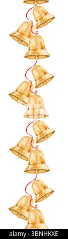 goldene Weihnachtsglocken nahtlose vertikale Bänder Aquarell mit roten Bändern. Handgemaltes festliches Design auf weißem Hintergrund, perfekt für Weihnachten ca. Stockfoto