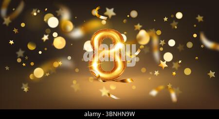 Goldener Ballon in Form der Zahl 8, vor einem dunklen Hintergrund, gefüllt mit sanften Bokeh-Lichtern und verstreuten goldenen Sternen und Bändern, kreiert Stock Vektor