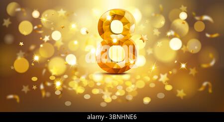 Goldene Zahl 8 mit facettiertem, juwelenähnlichem Aussehen, vor einem warmen, goldenen Hintergrund, gefüllt mit sanften Bokeh-Lichtern und verstreuten goldenen Sternen, c Stock Vektor