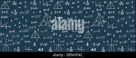 Handgezeichneter nahtloser mathematischer Hintergrund mit Formeln und Diagrammen auf dem Schwarzen Brett. Stock Vektor