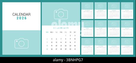 Design des Clipart-Sets für Kalender 2026. Blau-weiße Clip-Art-Kollektion 2026 mit 12 Monaten, Tagen und wöchentlichem Layout-Vektor Stock Vektor