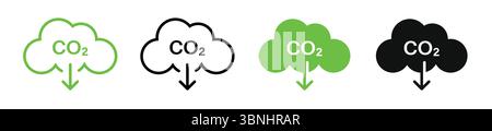 „CO₂-Wolkensymbole – CO2-Emissionssymbole in Grün, Schwarz und weiß“ Stock Vektor