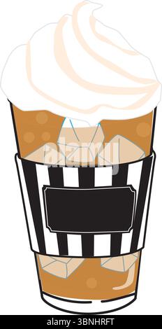 Eine stilvolle Vektor-Illustration eines Eiskaramell Latte, gekrönt mit weichem Serviereis und serviert in einem gestreiften Papierbecher. Transparenter Hintergrund. Stock Vektor