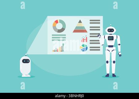 KI-Roboterassistent präsentiert Daten bei Geschäftstreffen. Vektorabbildung Stock Vektor