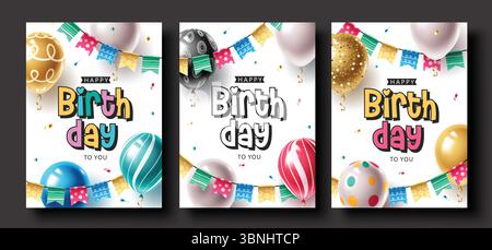 Lustige und festliche Birthday Clipart Kollektion mit hellen Ballons, Flaggen und farbenfroher Typografie Stock Vektor