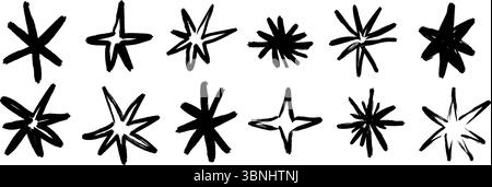 Schwarzer Buntstift handgezeichnete Sterne gesetzt. Kollektion mit kindlichem Doodled Funken und Glitzern. Grinsen mit rauem Pinselstrich, Glanzelement-Paket für Collage, Poster, Aufkleber, Etikett. Mit Bleistift skizzierte Symbole. Vektor Stock Vektor