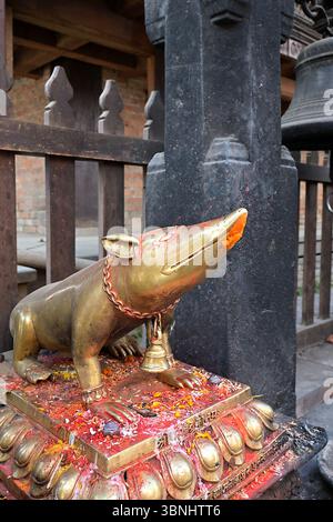 Vergoldete Metallskulptur einer Ratte, der göttliche Berg von Ganesha, der Elefantengottheit, im Ashok Binayak Tempel in Kathmandu, Nepal Stockfoto