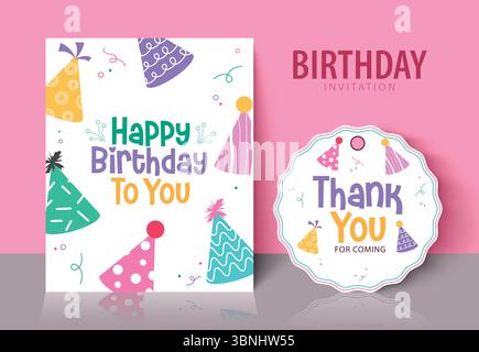 Niedliche Geburtstagsparty-Einladung und Dankeschön-Tag mit bunten Hüten und Konfetti-Elementen. Geburtstag Clipart Stock Vektor