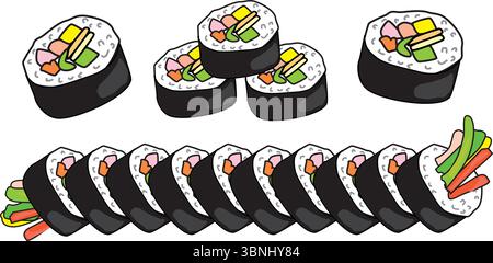 Vektor-Illustration von koreanischem Kimbap, einer Algen-Reisrolle gefüllt mit Gemüse. Ideal für Ikonen, Restaurantmenüs oder kulturelle Designs. Stock Vektor