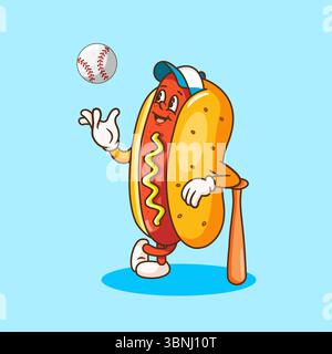 Zeichentrickfilm Hot Dog Charakter Spielt Baseball Vektor Illustration Stock Vektor