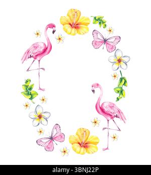 Aquarellkranz mit Sommerblumen, Flamingo, Schmetterlingen und Hibiskus. Perfekt für Karten, Verpackungen, Scrapbooking und verspielte saisonale Desi Stockfoto