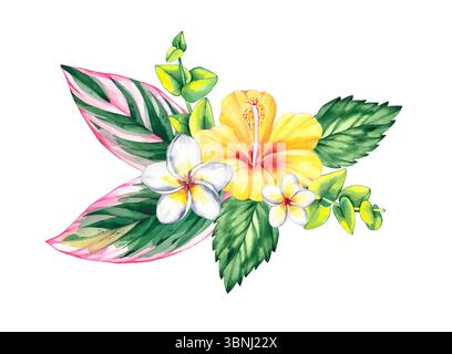Tropisches Bouquet mit Hibiskusblüten. Botanisches Blumenstrauß mit tropischen Sommerblumen für Designkarten, Einladungen und Branding. Tropischer Pflanzenhibisc Stockfoto