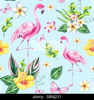Tropisches, nahtloses Muster mit Hibiskusblüten, Flamingos und Kokosnüssen. Perfekt für Sommer-Designs, Textilien, Verpackungen und Profis mit Strandmotiven Stockfoto
