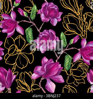Aquarellstrauß Magnolie und nahtloses Goldmuster auf schwarzem Hintergrund. Luxuriöse Blume für Karten, Einladungen, Crapbooking und verspielte Saison Stockfoto