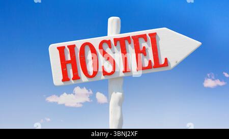 HOSTEL Schild Pfeil Richtung isoliert auf blauem Himmel. 3D-Rendering Stockfoto