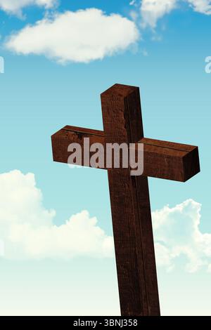Das lateinische Holzkreuz mit flachem Design steht vor klarem blauem Himmel mit verstreuten weißen Wolken Stockfoto