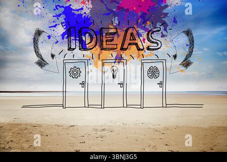 Doodle-Türen säumen die Küste mit Glühlampen-Hirnsymbolen und spritzigen IDEEN-Schriften Stockfoto