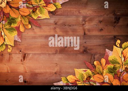 Die Holzdiele zeigt sich in flacher Ausführung mit Herbstblatthaufen und sichtbaren Nähten Stockfoto