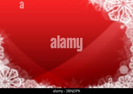 Flache Grafik zeigt einen roten Hintergrund mit geschwungenen Formen und frostigem Schneeflockenrand Stockfoto