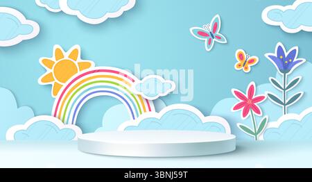 Papier geschnittene Regenbogenszene mit blauem Himmel Hintergrund - bunter Bogen, der flauschige Wolken, gelbe Sonne, Schmetterlinge um das Zylinderpodium verbindet. Blumen blühen neben der Plattform im mehrschichtigen Papierstil. Stock Vektor