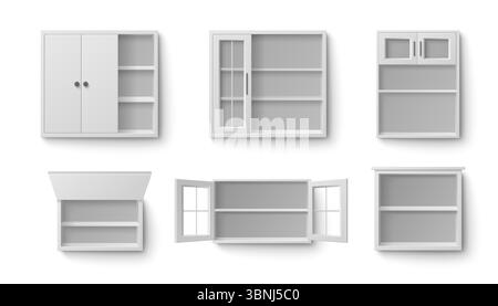 Weißes Küchenschrankset mit offenen Türen und leeren Regalen - wandmontierte Staufächer mit Glasplatten, Holzfronten für moderne Wohnorganisation, Pantrymöbel oder Badezimmerschränke im Innenraum. Stock Vektor