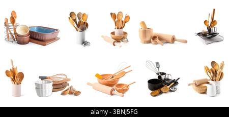 Satz Backutensilien auf weißem Hintergrund Stockfoto