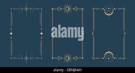 Tarot-Mond-Rahmen mit goldenen Himmelsrändern - mystische Sterne, Sonnensymbole, Sicheln, die rechteckige Kartenvorlagen verzieren. Elegante okkulte Designs für Astrologie-Karten und esoterische Kunstwerke. Stock Vektor