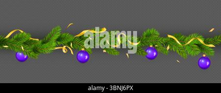 Festliche Tannengirlande mit lila glänzenden Kugeln und goldenen Bändern - horizontale Weihnachtsdekorationsgrenze auf transparentem Hintergrund. Immergrüne Weihnachtszweige mit Ornamenten für saisonales Design Stock Vektor