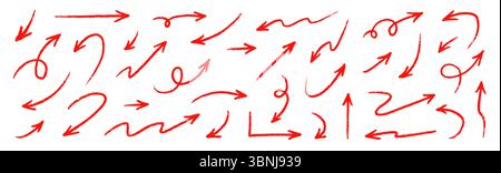 Pfeil rot handgeschriebener Skizzenvektor. Handgezeichneter Bleistiftmarker Kritzelpfeil Set Pinsellinie, Curved Direction Pen Style. Großer dicker, rauer künstlerischer Strich für rote Clipart. Vektorabbildung Stock Vektor
