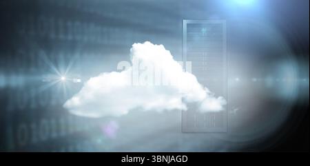 White Cloud schwebt im digitalen Konzept mit durchscheinendem Server-Rack, binären Streams und Linsenflackern Stockfoto