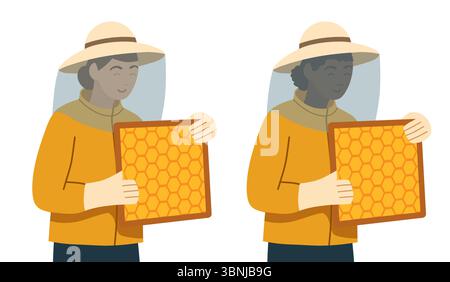 Vektor Clip Kunst Set von Frauen Imker mit einem Rahmen mit Waben und Bienen. Sammlung beruflicher Imkerinnen in Uniform. Stock Vektor