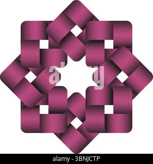 Ein auffälliges geometrisches Design mit ineinander greifenden lila Quadraten, die in einem symmetrischen Muster auf weißem Hintergrund angeordnet sind. Stock Vektor