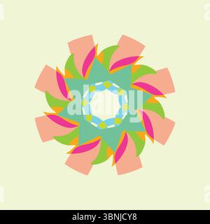 Ein komplexes kreisförmiges Design mit abstrakten Lagen in Pfirsichfarben, Rosa, Grün und Blau. Dynamisch und lebendig auf hellgelb-grün. Stock Vektor