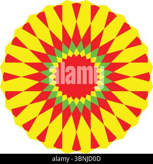 Kompliziertes radiales Muster mit leuchtenden geometrischen Formen in Gelb, Rot und Grün. Ein symmetrisches Design, das einen Starburst-Effekt auf weiß erzeugt. Stock Vektor