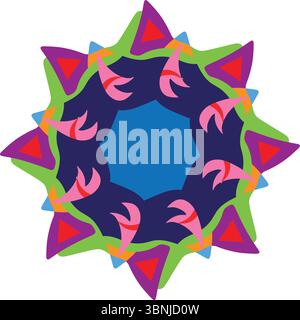 Ein farbenfrohes abstraktes Radialdesign mit mehrlagigen grünen, lila, rosa und blauen Formen, die ein dynamisches Sternenmuster bilden. Stock Vektor