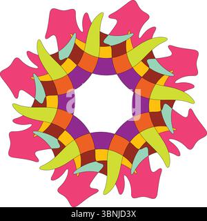 Ein komplexes und lebendiges kreisförmiges Design mit überlappenden abstrakten Formen in Pink, Orange, Lila, Grün und Blau. Dynamisch und kompliziert. Stock Vektor