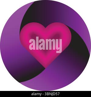 Ein fesselndes geometrisches Design mit einer kräftigen rosafarbenen Herzform in einem lila runden Rahmen vor weißem Hintergrund. Stock Vektor