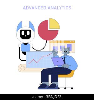 Die Integration VON KI in mittelständische Geschäftsprozesse verbessert die Effizienz der Entscheidungsfindung. Die Abbildung zeigt einen Geschäftsexperten, der KI-Tools nutzt, um Datentrends effektiv zu analysieren. Stock Vektor