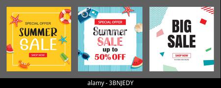 Banner-Vorlagen für den Sommerverkauf für Social-Media-Werbung. Set aus Verkaufsbanner mit tropischen Elementen und Strandelementen. Stock Vektor