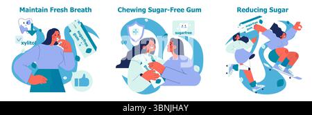 Vektor-Illustration, die drei Szenen zeigt, die Mundgesundheit und Zuckerreduktion fördern. Zu den Merkmalen gehören das Kauen von zuckerfreiem Kaugummi, die Aufrechterhaltung des frischen Atems mit Xylit und die Vorteile des aktiven Lebensstils. Stock Vektor