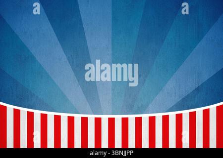 Flaches Vektordesign mit strukturierten, radialen blauen Strahlen, die über gekrümmtem rot-weißem Streifenband aufgefächert werden Stockfoto
