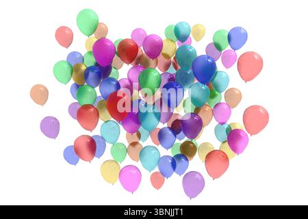 3D-Rendering farbenfroher Heliumballons schwebt vor weißem Studiohintergrund, Kopierraum Stockfoto